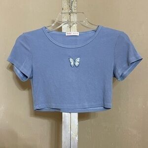 ROMWE light blue ribbed cropped butterfly tee sz medium